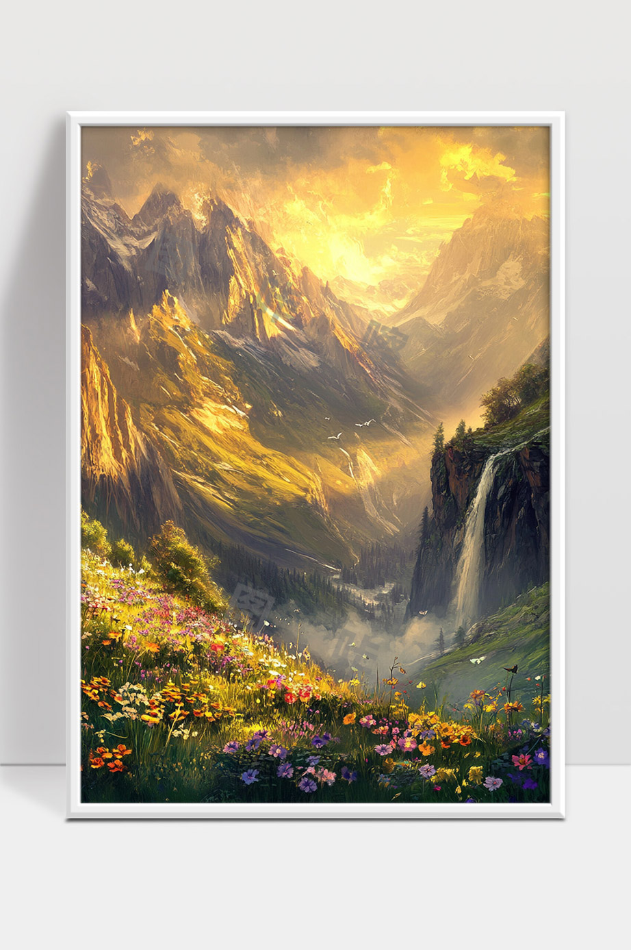 夕阳映照下的绚丽山谷花海美景