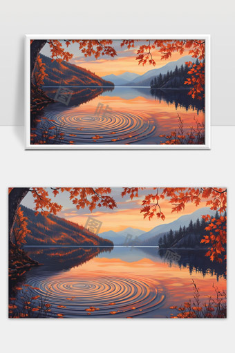 秋日湖畔红叶映照宁静山水风光画面