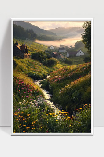 静谧山谷田园晨雾花海溪流美景