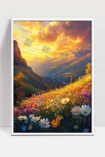壮丽山谷金色夕阳下的花海与远山景色