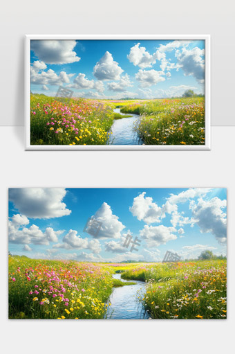 阳光下绚丽花海与清澈小溪的自然风光美景