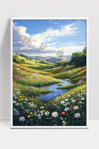 春日山谷花海溪流风景油画自然美景宁静田园