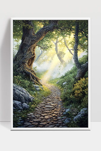 清晨阳光洒落森林小径古树环绕静谧美景