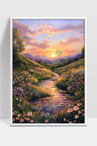 夕阳映照山谷花海蜿蜒溪流美丽自然风光
