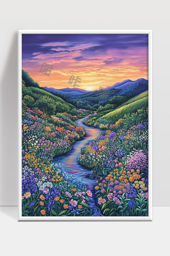 夕阳映照下的山谷溪流与绚丽花海美景