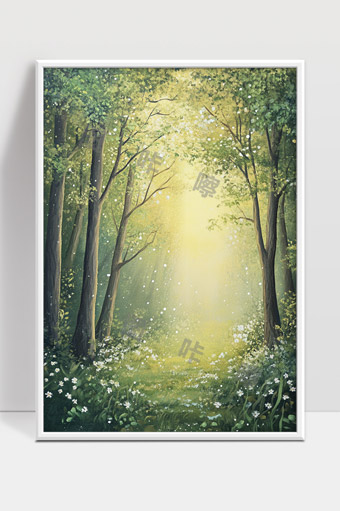 阳光穿透森林花海宁静小径自然风光画面