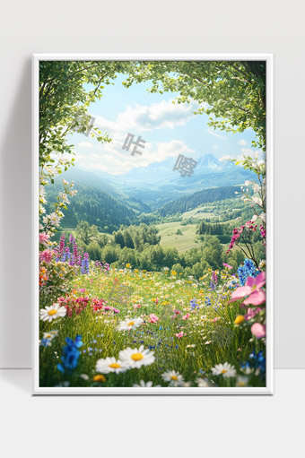 美丽山谷中绽放的五彩斑斓花海春日景色