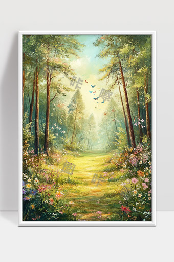 春日阳光洒满森林花海蝶舞清晨小径