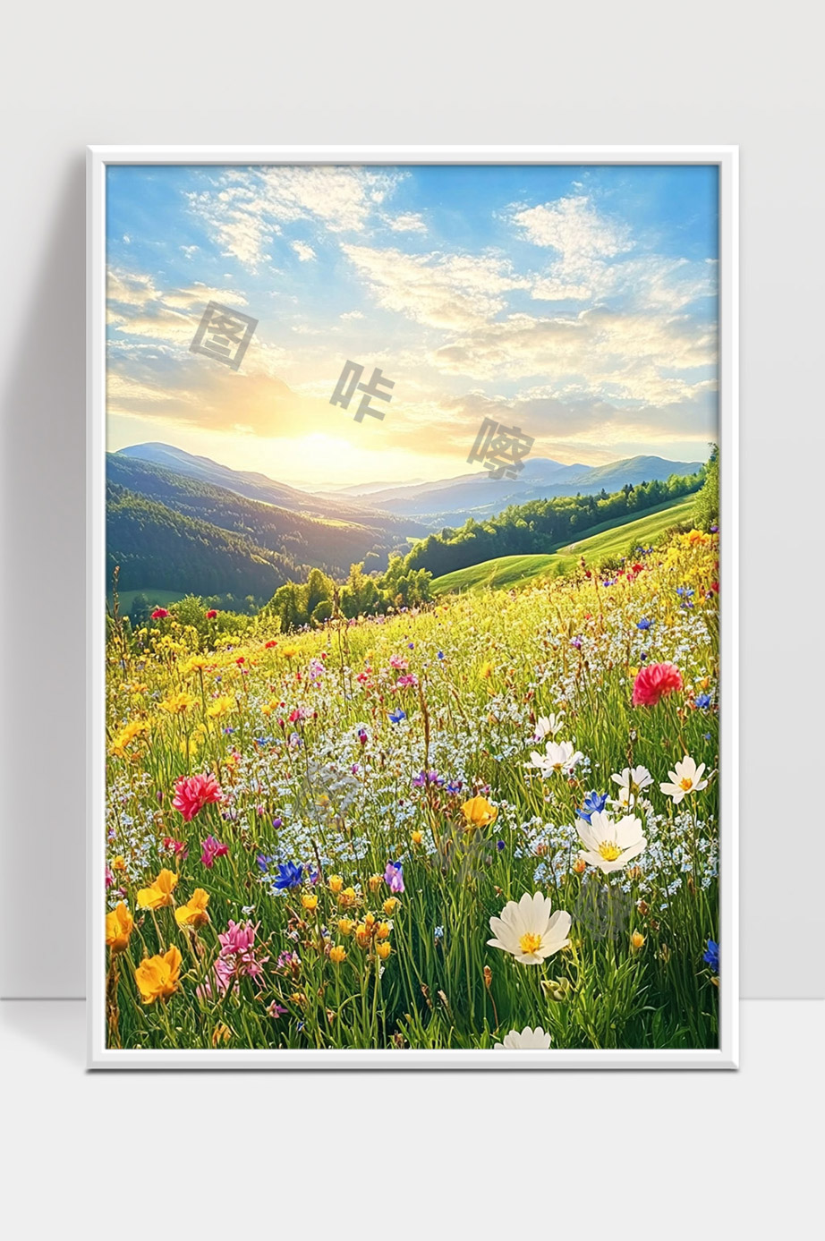 春日山谷绽放多彩野花阳光映照自然美景