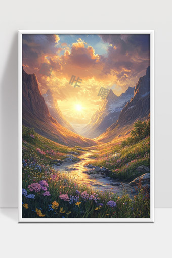 宁静山谷阳光照耀绚丽花海与蜿蜒溪流美景
