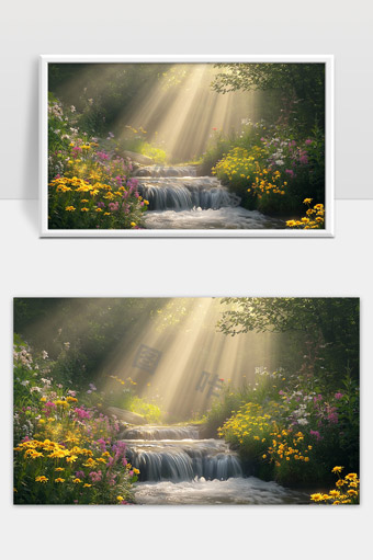 阳光洒落溪流花海自然美景宁静森林晨光