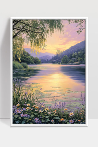 宁静湖畔夕阳映照山水花草美景