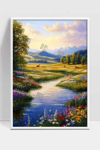 美丽花海山间溪流晨光野鹿悠然景色