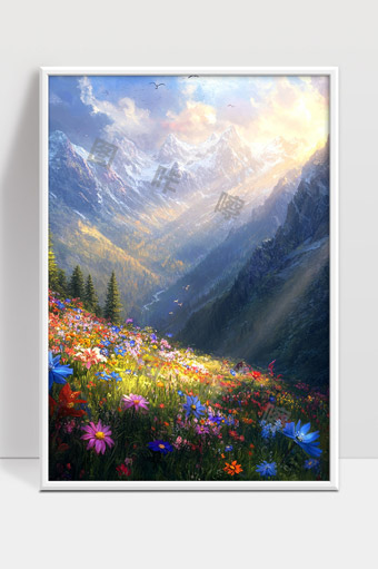 高山花海晨光照耀壮丽自然风光美景