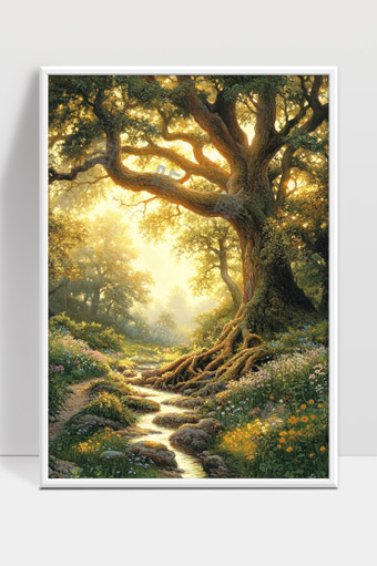 阳光洒落古树溪流森林春日美景