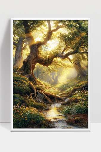 阳光洒落古树幽静溪流森林自然风光