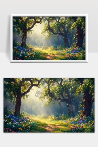 阳光穿透森林花海中的宁静小径