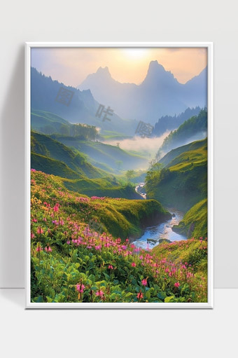 晨曦山谷中花海与溪流美景青山绿水春意盎然