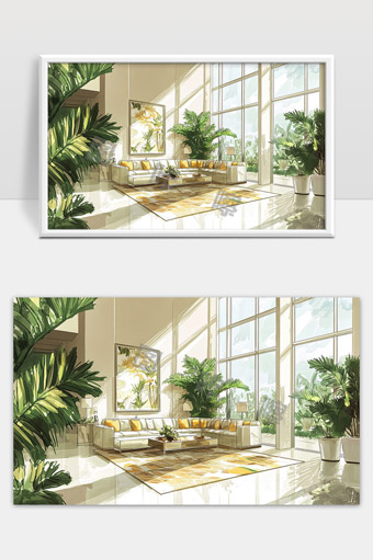 现代简约风格明亮宽敞绿植环绕的舒适客厅空间