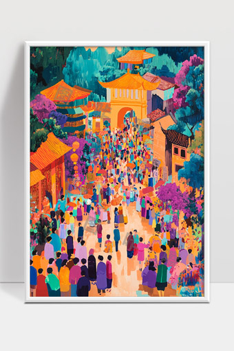 热闹古镇人潮涌动传统建筑与自然风光融合