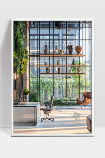 现代办公空间中自然光与绿植完美结合的舒适环境
