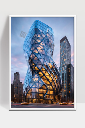 现代城市中独特扭曲玻璃幕墙建筑夜景展示