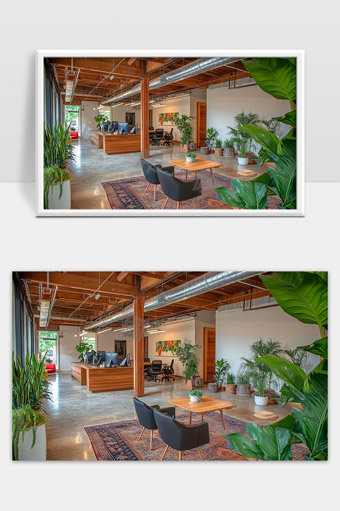 现代办公空间宽敞明亮融合自然绿植与木质元素设计