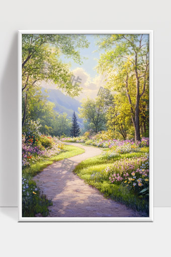 春日阳光洒满林间花草小径静谧风景