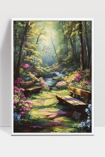 宁静森林中的花丛小径和木质长椅景色