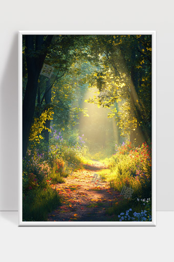 阳光洒落森林小径花草芬芳自然风光