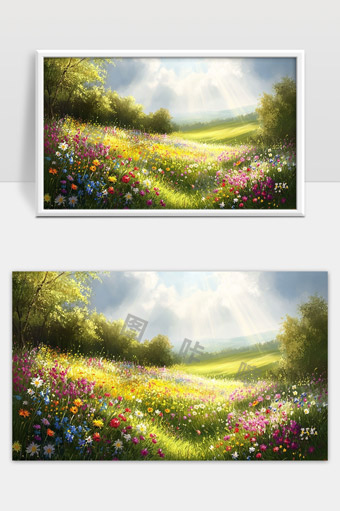 阳光洒落下的春日花海美丽风景画