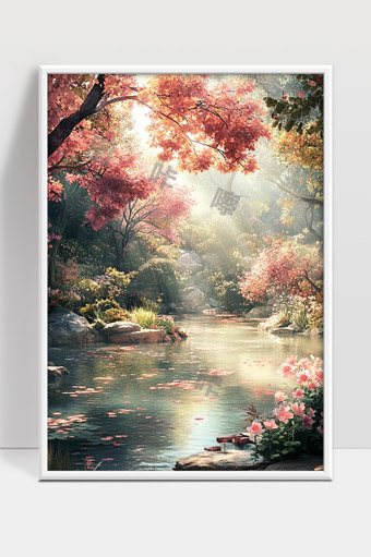 秋日晨光映照下的静谧山间溪流景色唯美如画