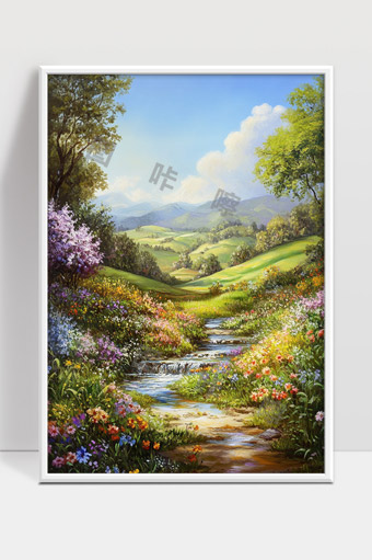 春日山谷溪流花海绽放自然风光唯美画面