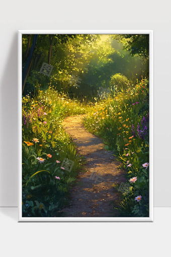 阳光洒落的森林小径春日花草芬芳