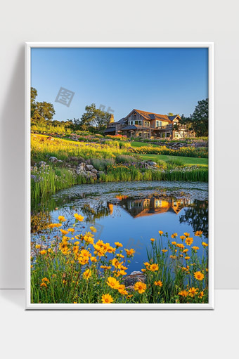 宁静乡村湖畔别墅与盛开花海美丽景色