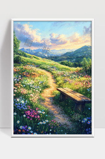 绚丽花海中的宁静山间小径与木质长椅赏景