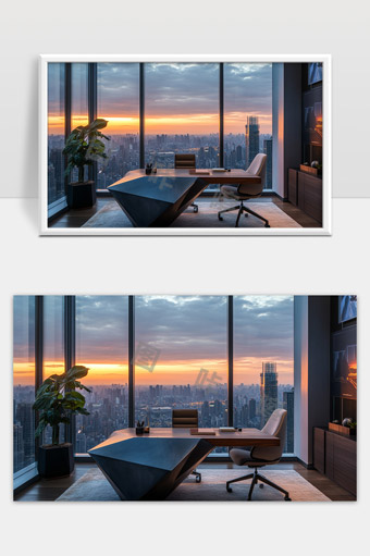 现代高层写字楼内观办公室落地窗外夕阳城市景观
