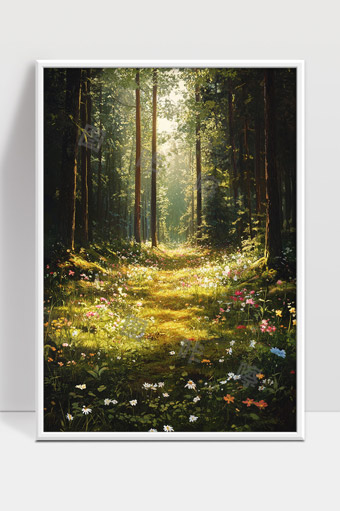 阳光穿透森林花海静谧自然小径美景