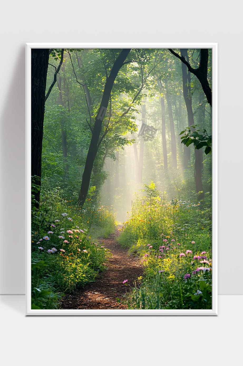 阳光穿透森林小径春日花草芬芳自然景色