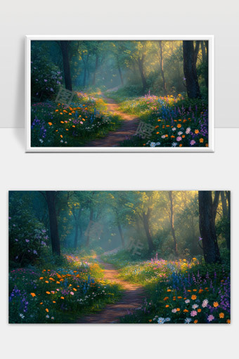 宁静森林小径晨光洒落花海自然风光美景