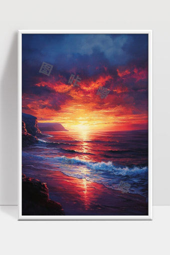 绚丽晚霞映照海岸波涛壮美风光