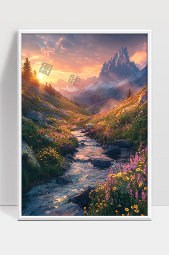 壮丽山谷溪流春日花海夕阳景色唯美自然风光