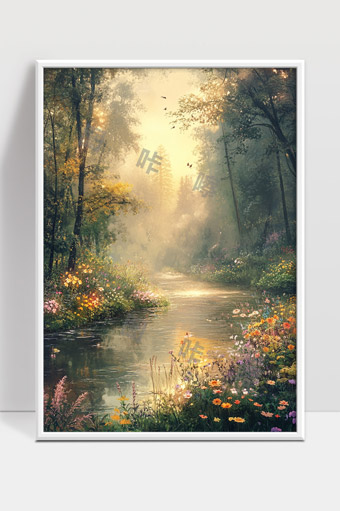 静谧森林溪流花海晨光自然美景风光画面