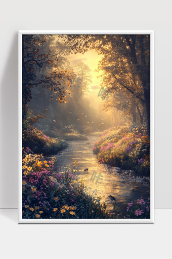 晨光洒落静谧溪流花海森林自然美景