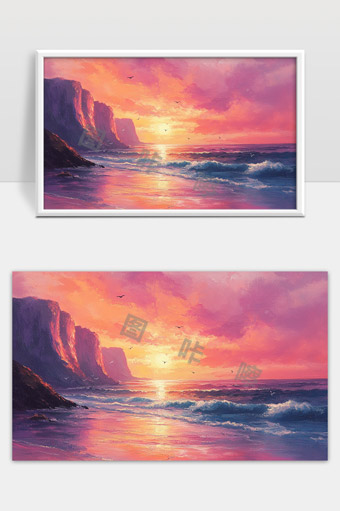 绚丽朝霞映照海岸波涛壮美自然风光