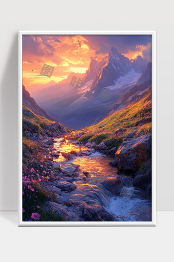 夕阳映照下的山谷溪流与花海美景