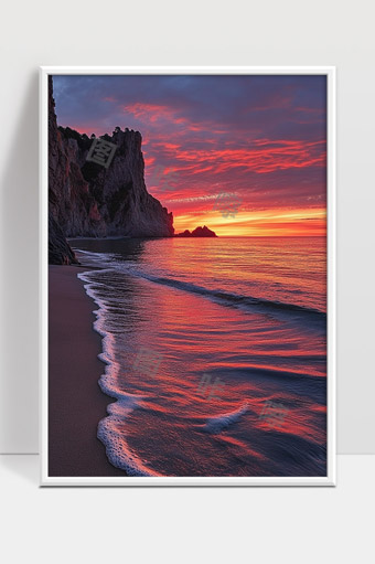 暮色海岸悬崖映红天际绚丽晚霞映照海面