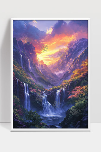 壮丽山谷中的瀑布晨曦自然风光画面