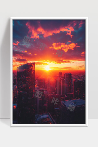 夕阳映照城市高楼绚丽晚霞美景