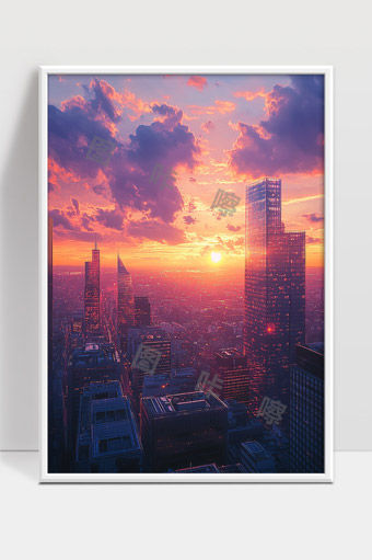 夕阳映照现代都市高楼绚丽天空景色